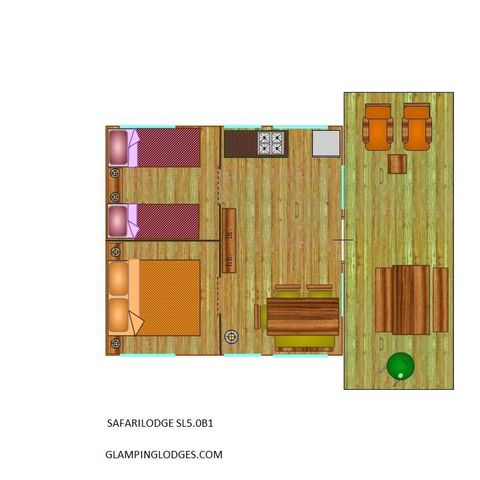 SAFARITENT 5 personen - SAFARI LODGE NATURE 42m²/2-slaapkamer tent - overdekt terras (geen eigen badkamer)