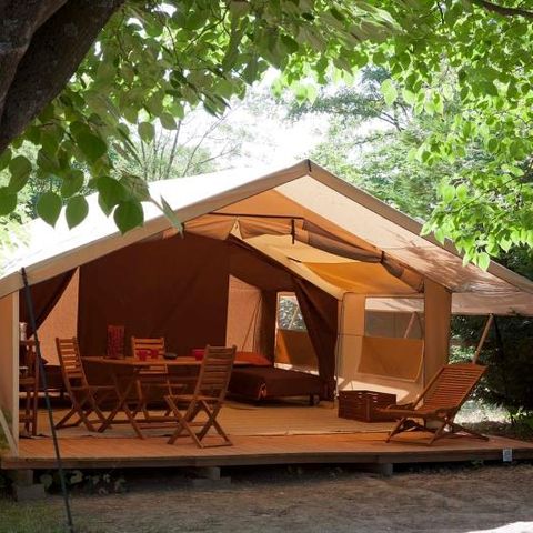 Tente en toile et en bois 5 personnes - COTTON LODGE NATURE 25m² / 2 chambres - terrasse couverte (sans sanitaires privatifs)