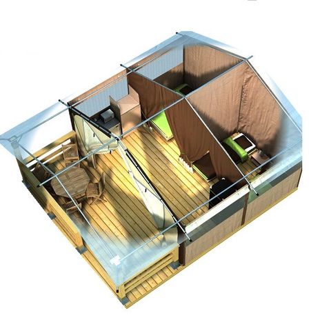 BUNGALOWZELT 5 Personen - Zeltbungalow Standard 24m² - 2 Zimmer, ohne Sanitäranlagen + überdachte Terrasse
