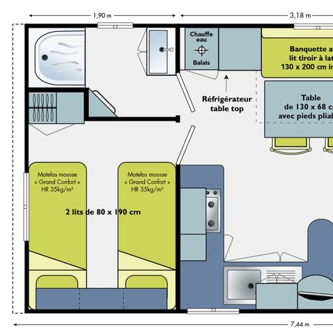 Mobilheim 4 personen - Mobilheim Holz Standard 27m² - 2 Schlafzimmer - Überdachte Terrasse - TV