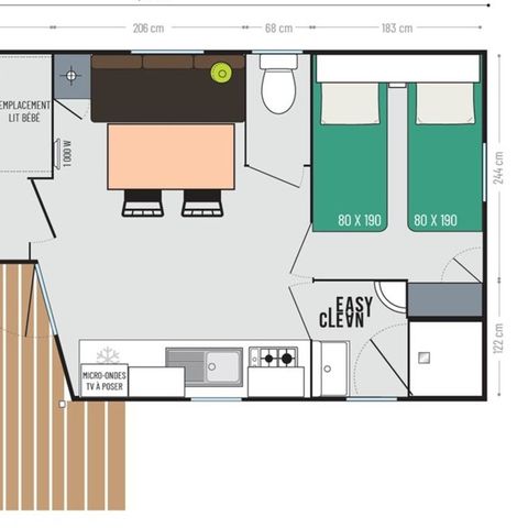 CASA MOBILE 4 persone - Cottage 2 camere da letto - 22 m² - posti letto 4 (2 adulti max) - Animali non ammessi.  Terrazza di 7 m²