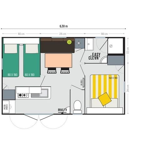 Mobile home 4 persons - Plein Sud 22 m² 2 bedrooms (sleeps 4 - max. 2 adults)