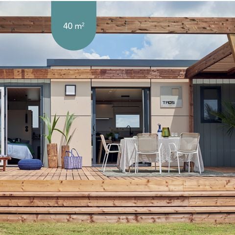 Stacaravan 6 personen - TAOS Luxe 40m2 terras 35m2+ privé jacuzzi - 6 pers 3 slaapkamers 2 badkamers - airconditioning