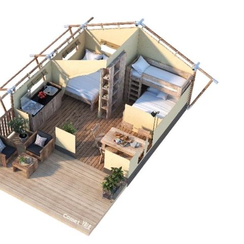 Tente en toile et en bois 5 personnes - Tente Lodge COCOONING 2 Chambres sans sanitaires