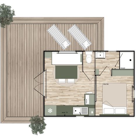 Mobilheim 2 Personen - MOBIL HOME Premium Klimatisiert - TV - Geschirrspülmaschine - 1 Zi - 20m²/ Santoline