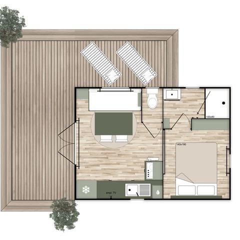 Stacaravan 2 personen - MOBIL HOME Premium Airconditioning - TV - Afwasmachine - 1 bed - 20m²/ Santoline