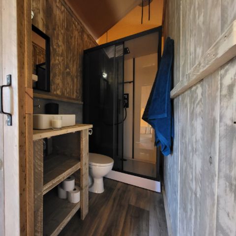 TIENDA DE LONA Y MADERA 4 personas - Tienda safari 4 con instalaciones sanitarias
