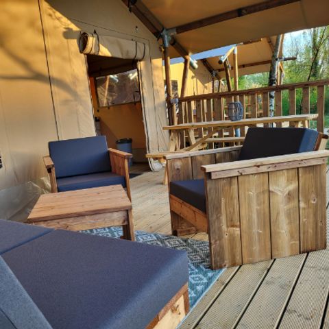 TIENDA DE LONA Y MADERA 6 personas - Tienda safari 6 con instalaciones sanitarias