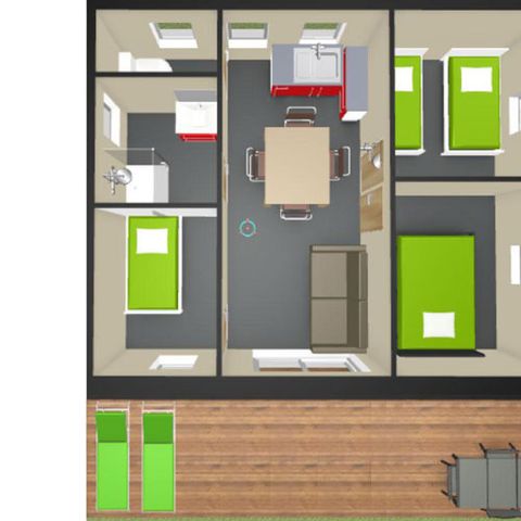 Chalet 6 Personen - Chalet „Samoa Confort“, 46 m² – 3 Schlafzimmer, 4 Erwachsene, 2 Kinder + Klimaanlage + TV – halbüberdachte Terrasse, 19 m², für 1–6 Personen