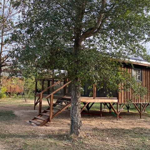 Tente en toile et en bois 5 personnes - CABANE LODGE sur PILOTIS climatisée 2 chambres