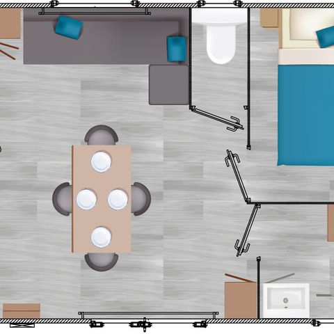 Mobilheim 4 personen - M-home LUXUS 2 Schlafzimmer (Klimaanlage - Geschirrspüler - TV - überdachte Terrasse 15m² - Fläche 30m²)