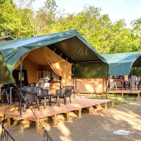 Tente en toile et en bois 6 personnes - Tente Safari avec salle de bain privé