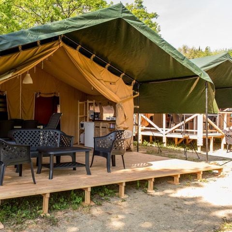 Tente en toile et en bois 6 personnes - Tente Safari avec salle de bain privé