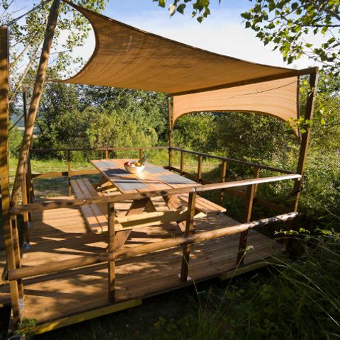 Tente en toile et en bois 7 personnes - Tente Lodge Mont Kenya - 35 m² + 7.5 m² + terrasse 15 m²