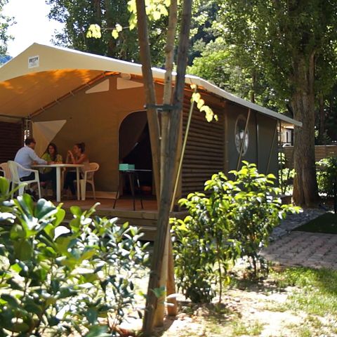 TIENDA DE LONA Y MADERA 5 personas - Bungalow de lona CANADA 2 dormitorios + terraza cubierta