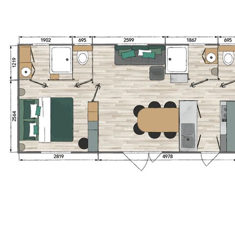 Mobilheim 6 personen - NEW // Cottage Premium 3 Zimmer - 2 Badezimmer + 2 WC + Halbüberdachte Terrasse + Klimaanlage + TV