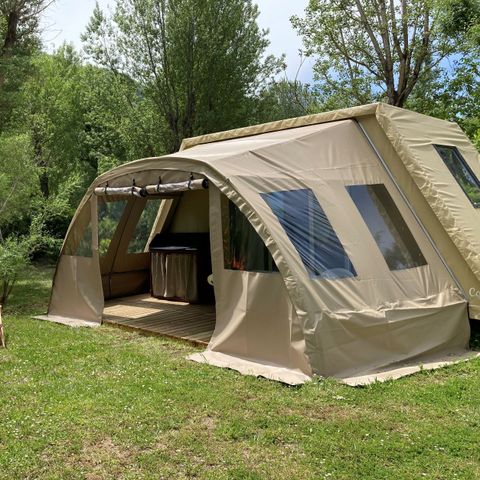 Canvas and wooden tent 5 persons - Coco Sweet (2 rooms + XXL awning)