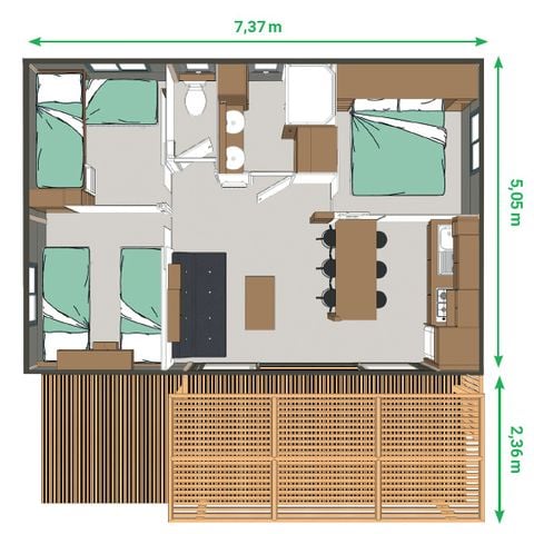 CHALET 6 personnes - Confort 35m² 3 chambres terrasse semi-couverte + climatisation