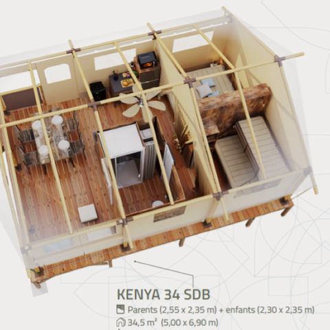 CANVAS AND WOOD TENT 5 people - Lodge Kenya Evasion Confort 34m² - 2 rooms 2/5 people (with bathroom) + Terrace