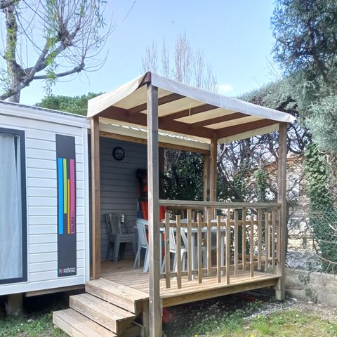 Mobilheim 7 personen - 30m² Komfort (2 Schlafz. - 5/7Pers.) + Klimaanlage + Überdachte Terrasse