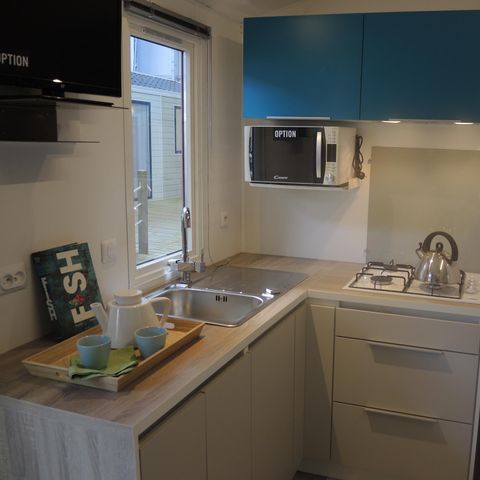Mobilhome 4 personas - Madera - PREMIUM - CLIM 28m² - 2 habitaciones - Terraza - TV - Sábanas - Toallas incluidas - 4 personas