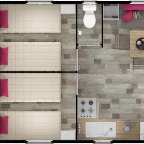 Mobilheim 6 personen - Homeflower - PREMIUM - CLIM 35m² -3 Schlafzimmer +halbüberdachte Terrasse +TV +Bettwäsche +Handtücher