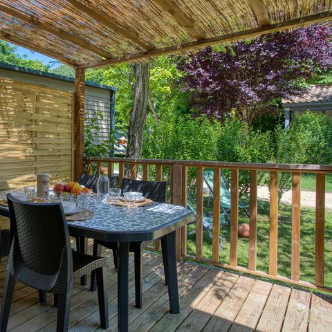Mobilheim 4 personen - Premium O'Hara 29-31m² (2Sch-4Pers) + Halbüberdachte Terrasse + Klima + LV + TV