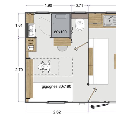 Stacaravan 4 personen - Stacaravan "Olivier" (2023) Zondag, 2 slaapkamers 2 badkamers, grote woonkamer (tv), terras