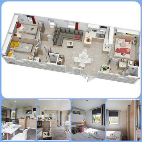 MOBILHOME 8 personas - Premium 30-40m² - 3 habitaciones + TV + Terraza cubierta y sábanas desechables incluidas