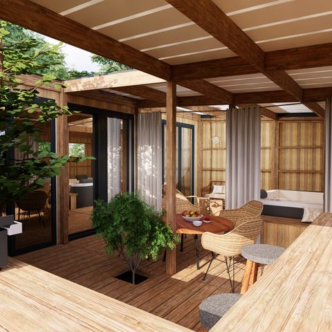 MOBILHOME 5 personnes - Cabane Spa Premium 33m² (2 chambres) + terrasse couverte  + TV + LV + Plancha + Draps + Serviettes