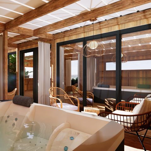 MOBILHOME 5 personnes - Cabane Spa Premium 33m² (2 chambres) + terrasse couverte  + TV + LV + Plancha + Draps + Serviettes