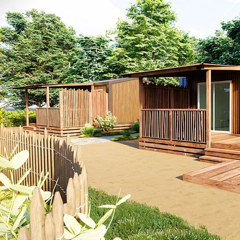 Mobilheim 2 personen - Cottage Premium 18m² (1 Zimmer) + überdachte Terrasse + LV + TV + Bettwäsche + Handtücher