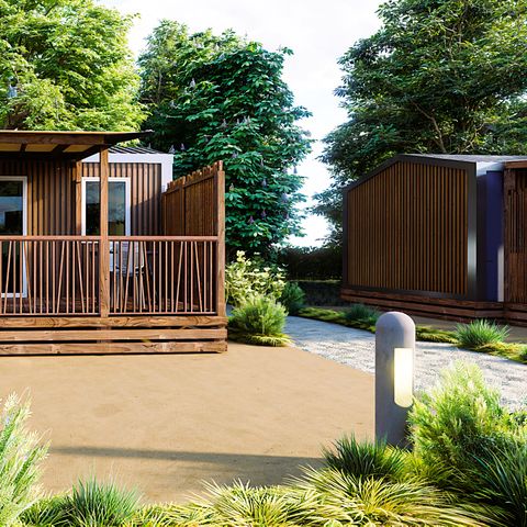 Mobilheim 2 Personen - Cottage Premium 18m² (1 Zimmer) + überdachte Terrasse + LV + TV + Bettwäsche + Handtücher
