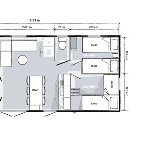 Mobilheim 8 personen - Mobilheim 32m² (3 Zimmer) + große halbüberdachte Terrasse von 18m².