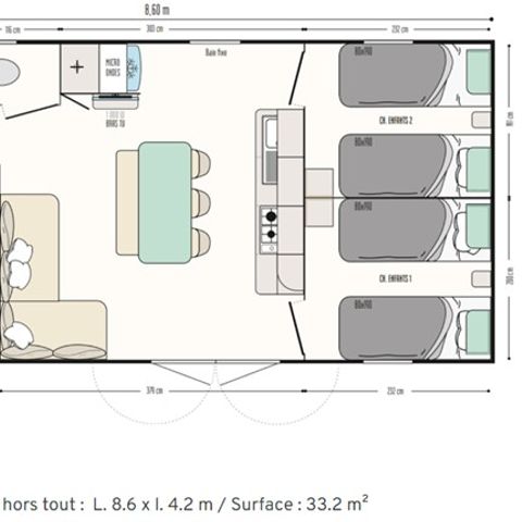 Mobilheim 6 personen - Mobilheim Eiche - 3 Schlafzimmer - zusätzliche Personen gegen Aufpreis möglich, kontaktieren Sie den Campingplatz