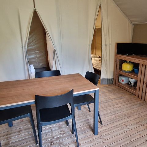 Tente en toile et en bois 5 personnes - Mini Wood Lodge 23m2 - 2ch terrasse couverte