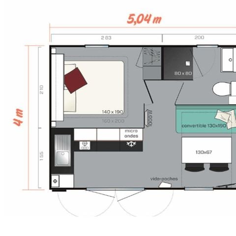 Mobilheim 2 Personen - - 20m² - 1 Schlafzimmer - überdachte Terrasse 9m² -.