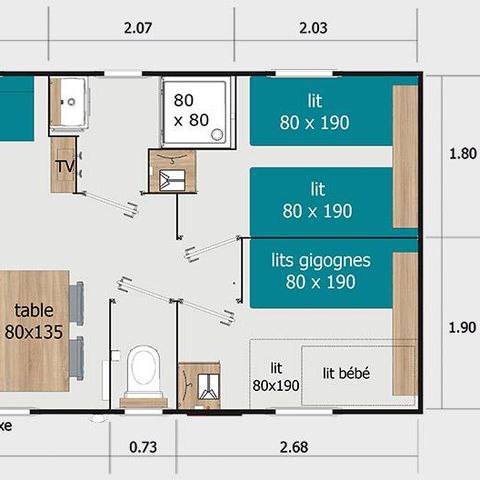 MOBILHOME 6 personas - Confort 34m² (3 habitaciones) - Terraza cubierta