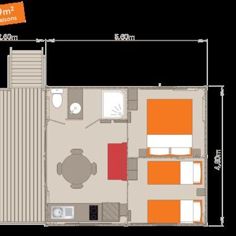 Zelt 5 Personen - Pfahlbau-Lodge Africa Confort 24m² (2 Zimmer) + überdachte Terrasse 12m²