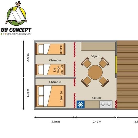 TENTE TOILE ET BOIS 4 personnes - Lodge Breizh Koban CONFORT 19m² (sans sanitaires) (2ch-4pers) + Terrasse semi-couverte 10m²