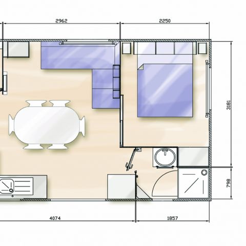 STACARAVAN 6 personen - Standaard 32m² (3 slaapkamers) + onoverdekt terras 10m² + TV