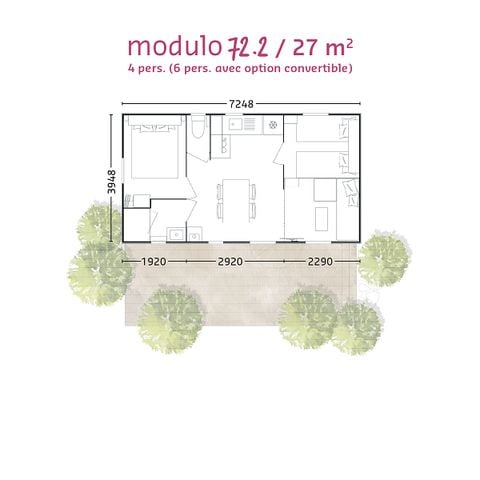 Mobilhome 4/6 personnes - "BAHIA - MODULO Confort +" - 27m² - 2 chambres - Terrasse couverte
