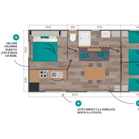 MOBILHOME 6 personnes - Confort 34m² (3 chambres) + Terrasse + TV + lave-vaisselle
