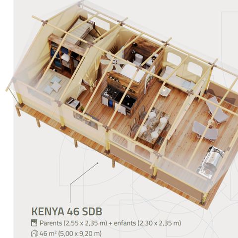 SafariZelt 5 Personen - LODGE LE CAREX Parzelle 16- 2 Schlafzimmer 5 Schlafplätze