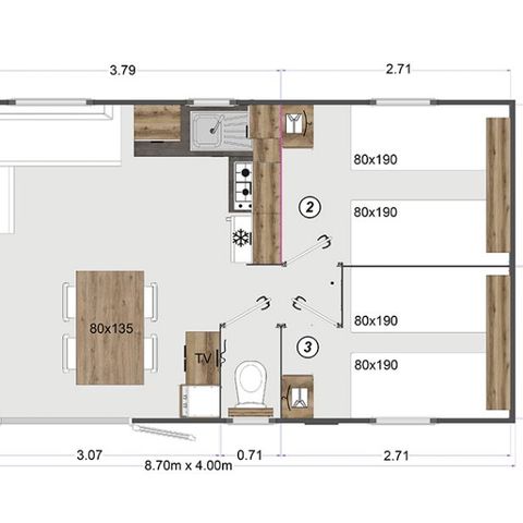 Stacaravan 6 personen - OPALIA 3 Slaapkamers 6 Slaapplaatsen DONDERDAG