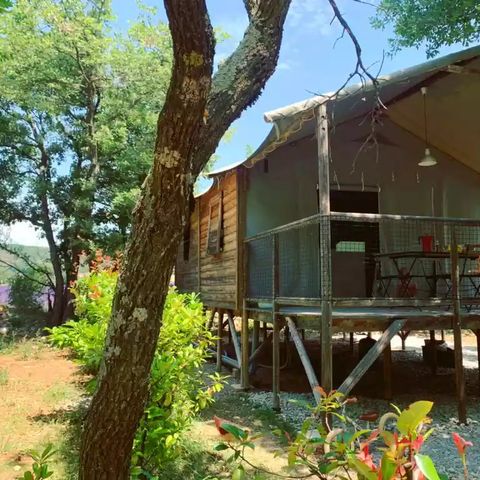 Wohnzelt auz holz 4 personen - Hütte Lodge auf Stelzen Komfort 27m² - 2 Zimmer + überdachte Terrasse