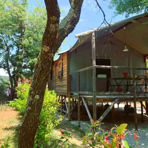 Wohnzelt auz holz 4 personen - Hütte Lodge auf Stelzen Komfort 27m² - 2 Zimmer + überdachte Terrasse
