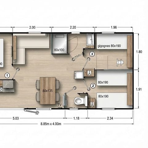 Stacaravan 6 personen - Familia (3 slaapkamers)