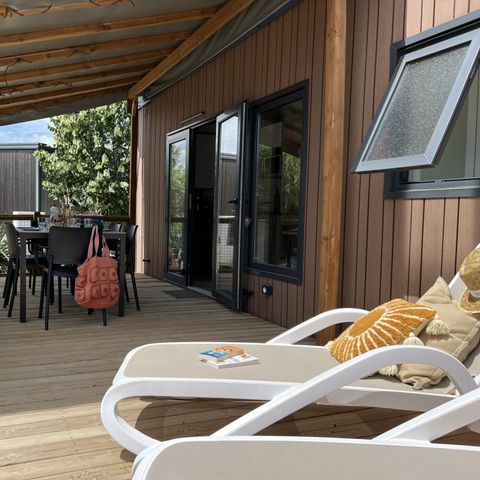 Stacaravan 6 personen - Homeflower Premium 35 m² 3 kamers + terras 21m² + TV + LV + Clim + Plancha 6 pers