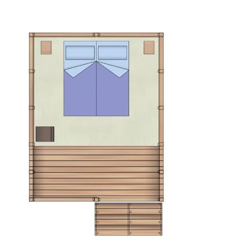 TIENDA DE LONA Y MADERA 2 personas - MINI CARPA LODGE (sin instalaciones sanitarias) equipada con un pequeño frigorífico